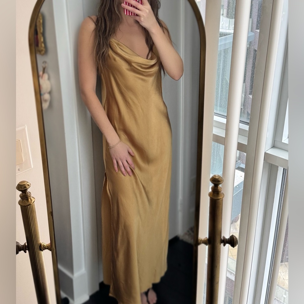 Elegant Gold cowl neck Silk Satin open back maxi Dress